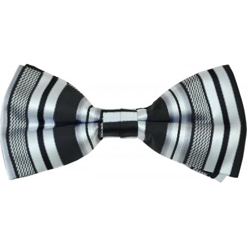 Classico Italiano Black / Silver Grey / Vertical Stripe Design 100% Silk Bow Tie / Hanky Set